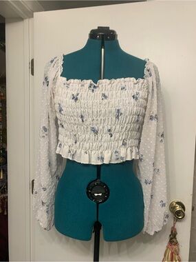 Smocked White Floral Long-Sleeve Crop Top